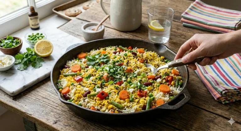 Vegetable rice skillet with peas, carrots, red pepper, herbs, and lemon on top.