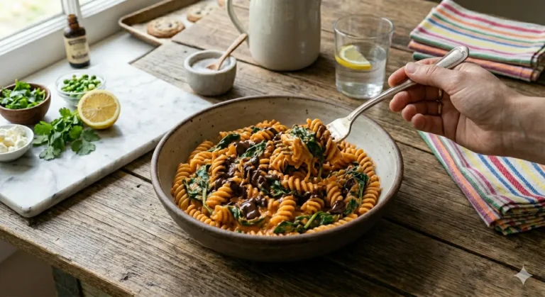Creamy tomato spinach pasta in a shallow bowl with parmesan and black pepper.