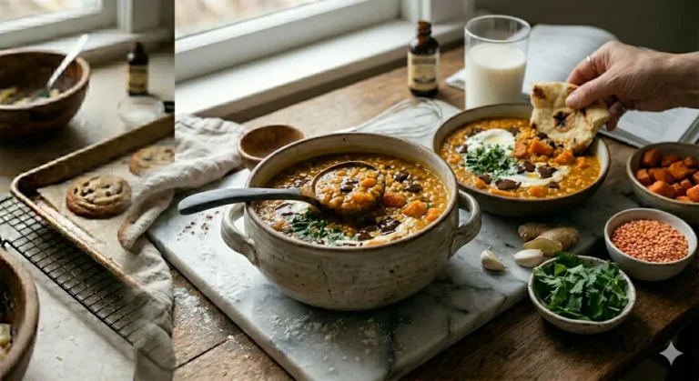 Smooth roasted carrot lentil soup with yogurt swirl, cumin, and toasted seeds.