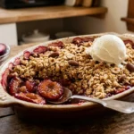 Cinnamon plum crumble in a baking dish with bubbling fruit, oat topping, and a serving spoon.