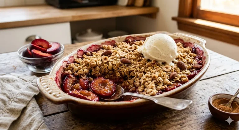 Cinnamon plum crumble in a baking dish with bubbling fruit, oat topping, and a serving spoon.