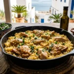 Garlic butter chicken rice in a wide pan with peas, carrots, herbs, and golden chicken pieces.