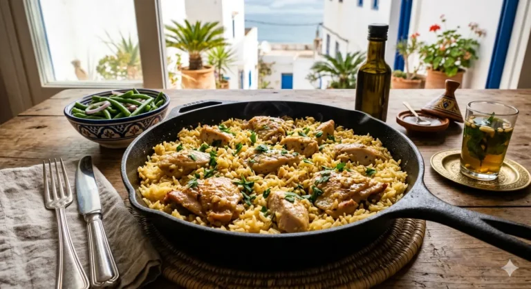 Garlic butter chicken rice in a wide pan with peas, carrots, herbs, and golden chicken pieces.