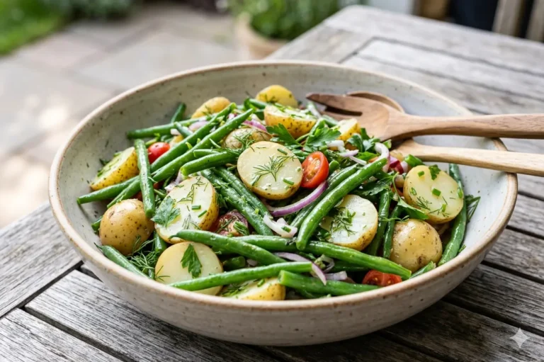Herby potato green bean salad with mustard dressing, parsley, dill, and tender potatoes.