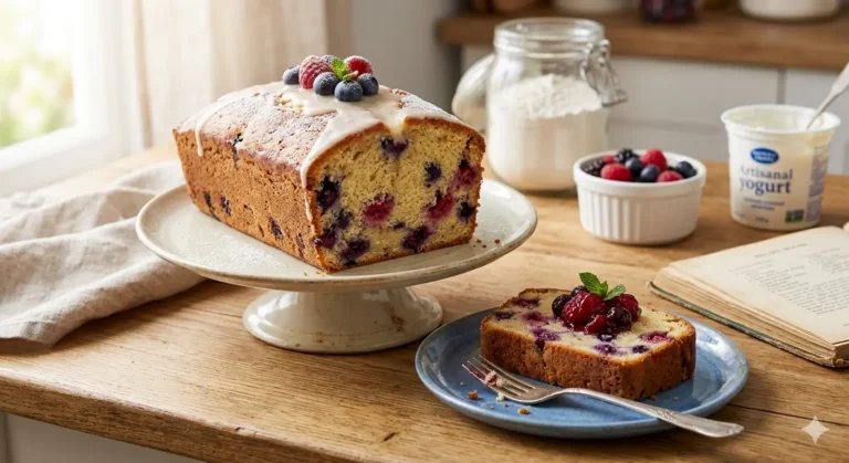 Sliced berry yogurt loaf cake with mixed berries and tender crumb on a plate.
