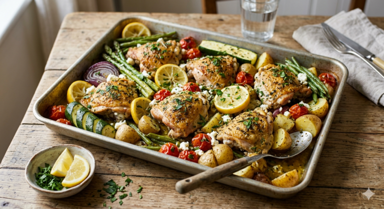 Golden lemon herb chicken tray bake with potatoes, carrots, red onion, and parsley.