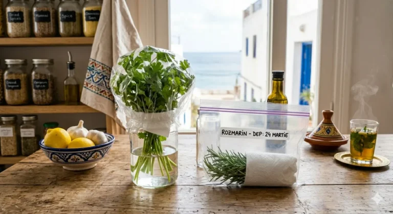 Fresh herbs stored in jars and loosely wrapped on a clean kitchen counter.