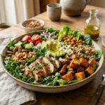 Simple meal salad ingredients arranged with greens, potatoes, chickpeas, herbs, and dressing.