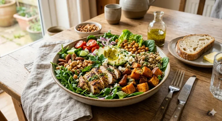 Simple meal salad ingredients arranged with greens, potatoes, chickpeas, herbs, and dressing.