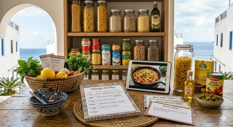 Weeknight dinner planning scene with notebook, vegetables, rice, and simple meal prep ingredients.