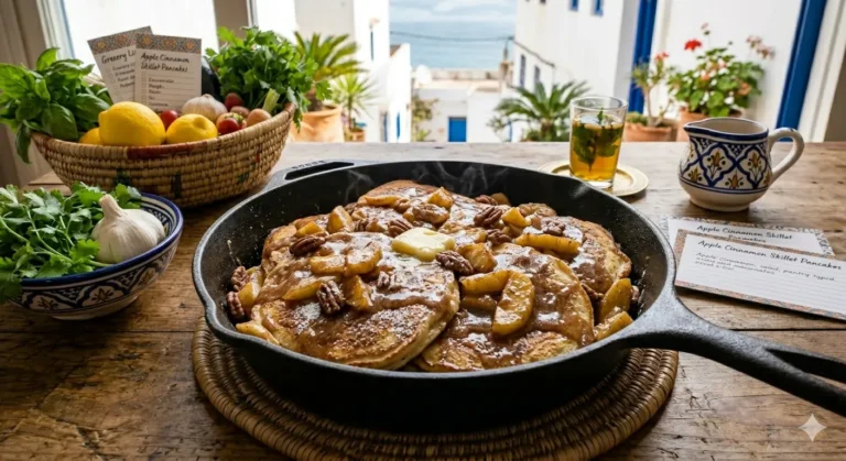 Apple cinnamon skillet pancakes stacked with soft apple slices and honey drizzle.