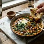 Chickpea spinach curry in coconut tomato sauce served with rice and lemon.
