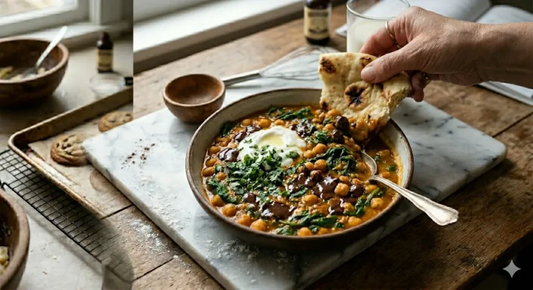 Chickpea spinach curry in coconut tomato sauce served with rice and lemon.