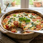 Tomato basil egg bake in a skillet with soft eggs, red tomato sauce, herbs, and cheese.