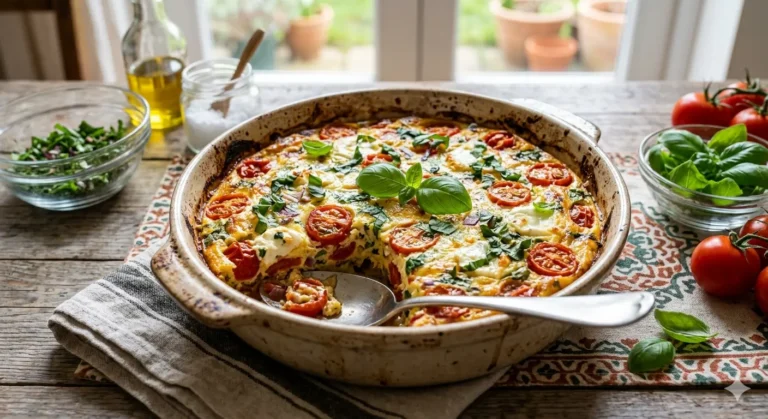Tomato basil egg bake in a skillet with soft eggs, red tomato sauce, herbs, and cheese.