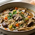 Mushroom barley stew in a bowl with carrots, herbs, and a deep savory broth.