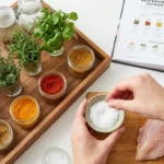 Seasoning basics scene with salt, lemon, herbs, spices, olive oil, and a simple bowl of food.
