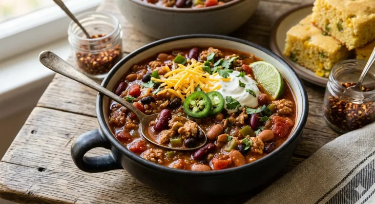 Turkey bean chili in a deep bowl with tomatoes, beans, herbs, yogurt, and a rich red sauce.