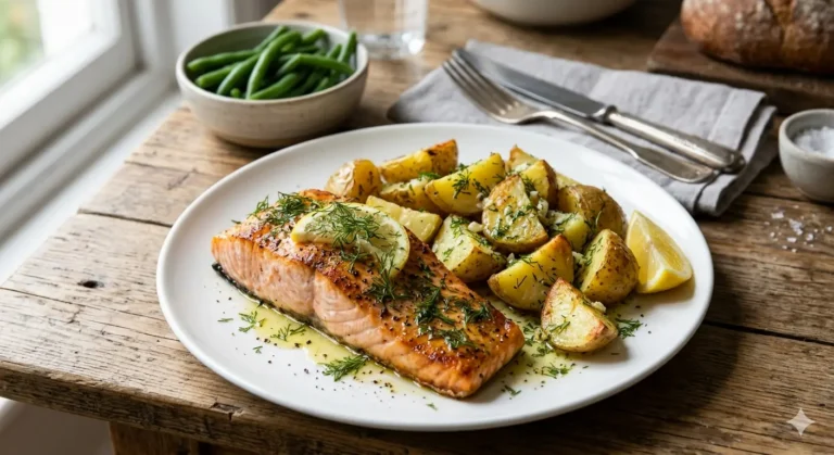 Baked salmon fillet with dill potatoes, lemon, cucumber yogurt sauce, and herbs.