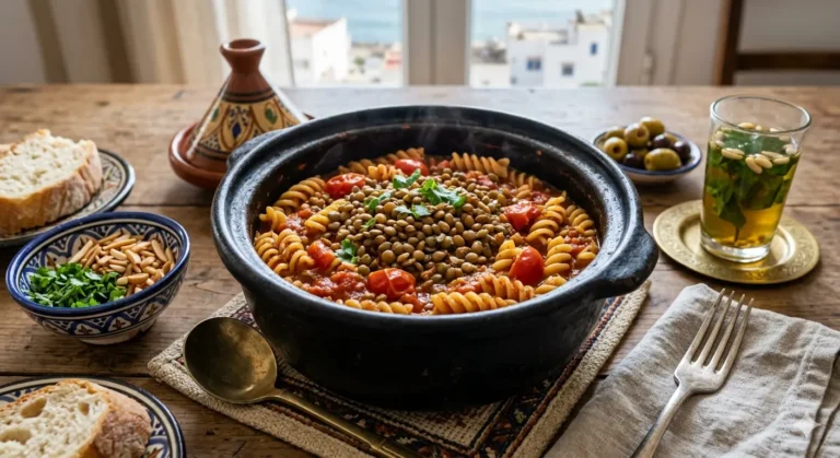 One-pot lentil tomato pasta with short pasta, red lentil sauce, herbs, and grated cheese.