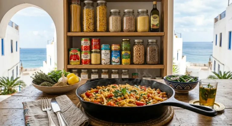 Pantry staples for fast meals including pasta, rice, chickpeas, tomatoes, spices, and olive oil.