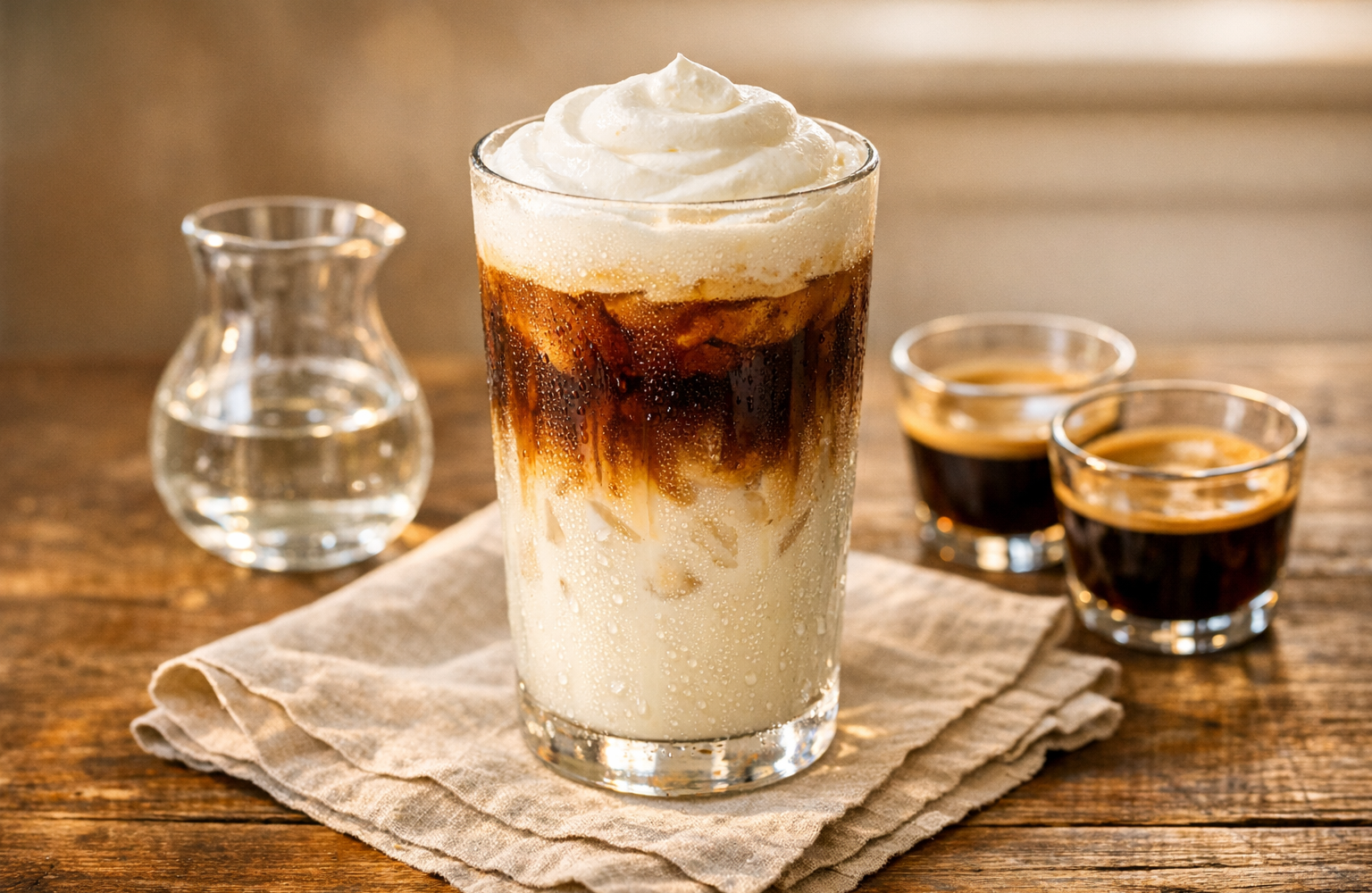 Tall glass of iced café with dark espresso over milk and a cream float, condensation on the glass