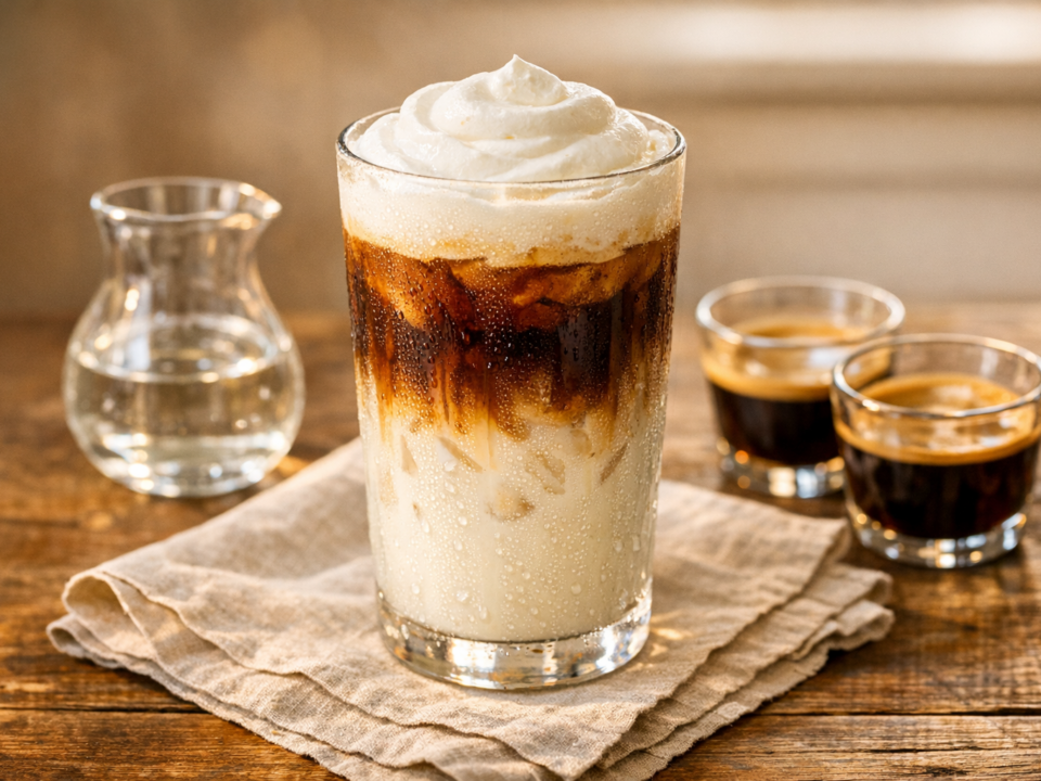 Tall glass of iced café with dark espresso over milk and a cream float, condensation on the glass
