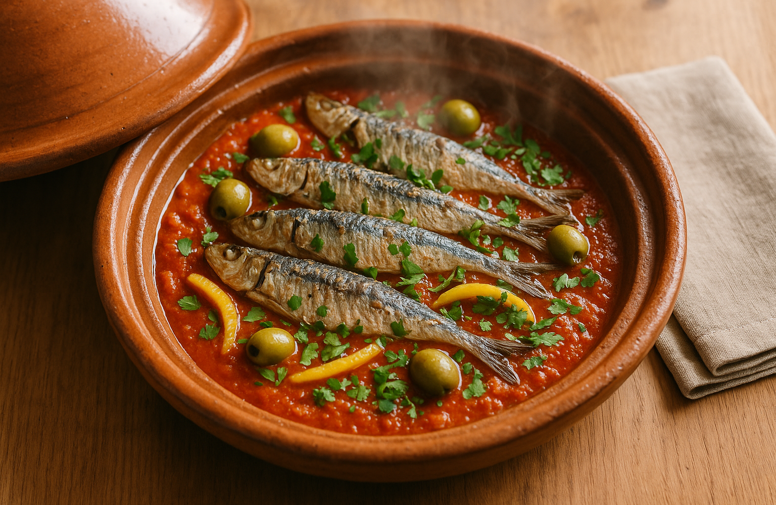 Tagine of sardines in tomato sauce with olives and preserved lemon, garnished with chopped herbs
