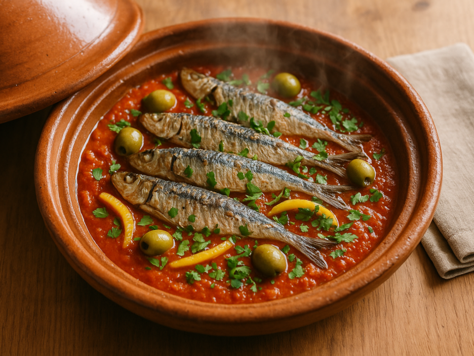 Tagine of sardines in tomato sauce with olives and preserved lemon, garnished with chopped herbs