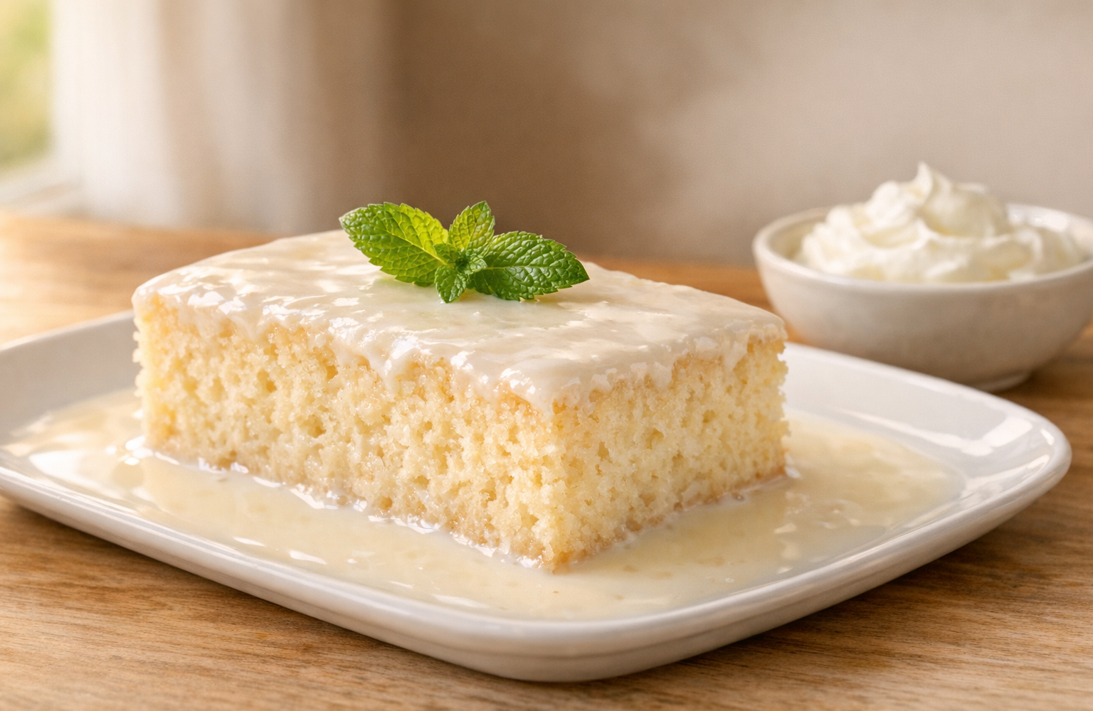 Slice of milk-soaked sponge cake on a white plate with whipped cream and mint