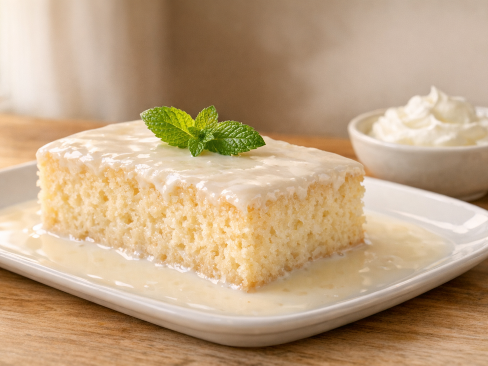 Slice of milk-soaked sponge cake on a white plate with whipped cream and mint
