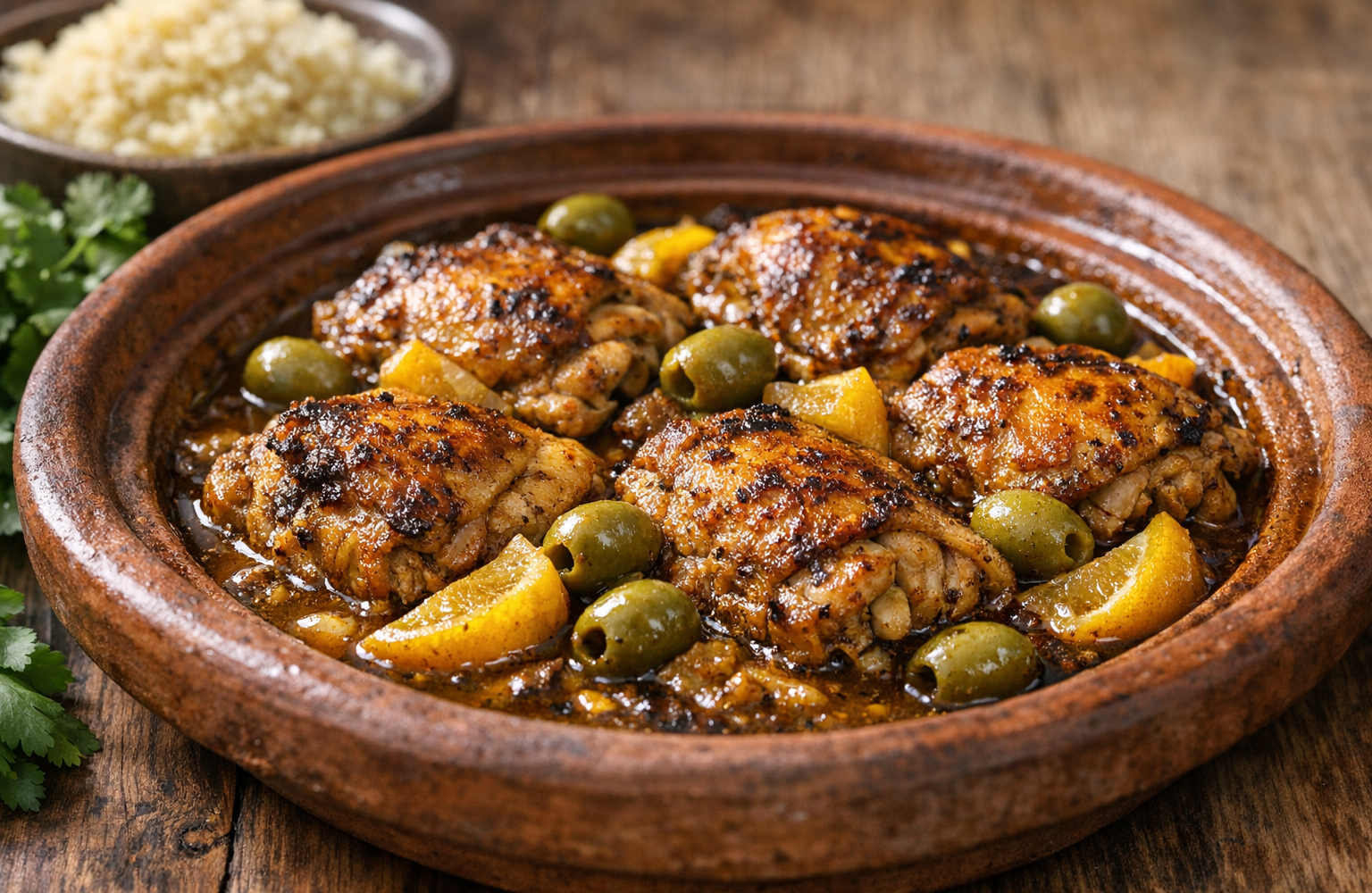 Chicken tagine with preserved lemon and olives in a tagine, garnished with cilantro